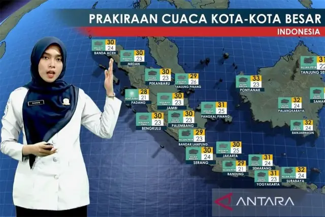 Tangkapan layar - Prakirawan BMKG Alya Sausan menyampaikan prakiraan cuaca yang dipantau melalui kanal YouTube BMKG di Jakarta, Senin (22/12/2025). ANTARA/Tri Meilani Ameliya/aa.